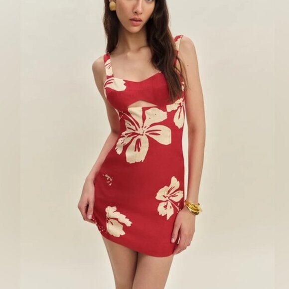NEW Reformation Belma Linen Mini Dress Paradise Lost Red Floral | US 2 UK 4 - Picture 1 of 12